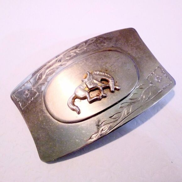Vintage Western Horse Rodeo Themed Silver Belt Buckle - Picture 2 of 4